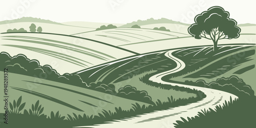 a green landscape with a winding road and tree Vector