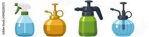 Collection of four different spray bottles for cleaning and gardening purposes