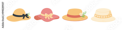 Collection of four stylish summer hats with decorative elements and ribbons