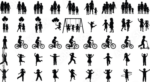 Large collection of black silhouettes featuring children playing, families walking, kids riding bicycles and scooters, community outdoor activities, concept