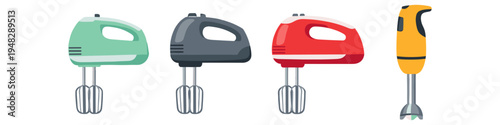 Collection of colorful hand mixers and immersion blender on white background