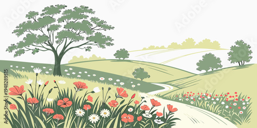 a scenic view of a field with flowers and trees Vector