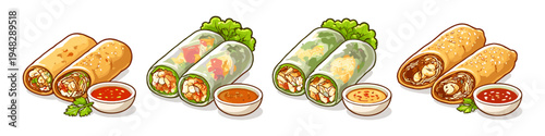 Assortment of delicious spring rolls and egg rolls with dipping sauces
