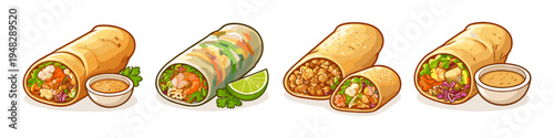 Assortment of delicious spring rolls and burritos with dipping sauces and lime