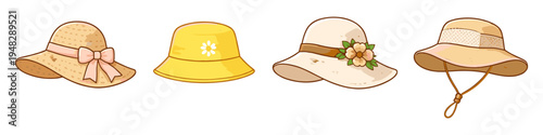Collection of four stylish hats for sunny weather and outdoor activities