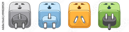 Set of colorful universal travel adapters for different countries and plugs