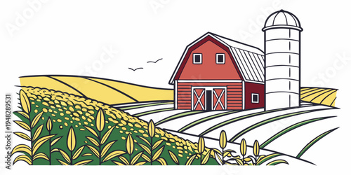Photos a red barn with a silo in a rural landscape Vector