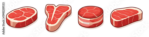 Collection of four different raw beef cuts, including T-bone and sirloin steaks