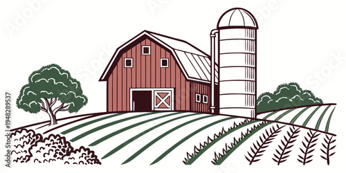 a red barn with a silo and trees on a farm Vector