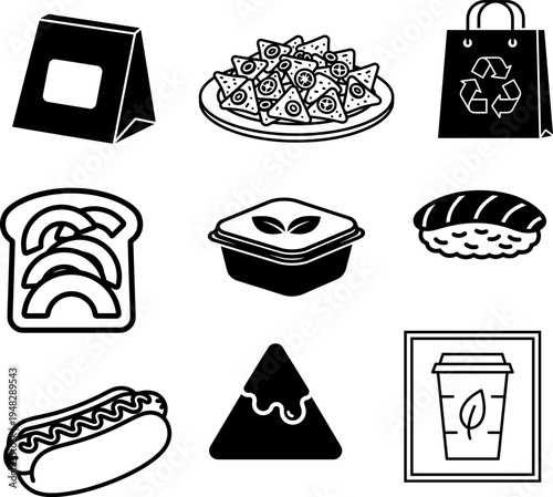 online fast Food and drink icons set with cake coffee bread sushi burger pizza sandwich and tea in simple vector illustration style