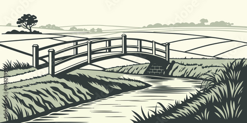a small wooden bridge over a stream in a rural landscape Vector