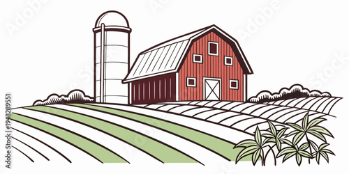 a red barn and silo on a farm with a field Vector