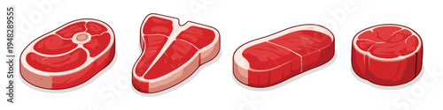 Collection of four raw beef cuts including steak and roast, isolated on white background