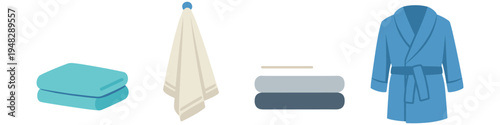 Collection of bathroom textiles including folded towels, hanging towel, and bathrobe