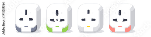 Four universal travel adapters with different colored accents on a white background