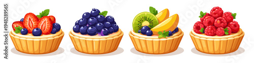 Assortment of four delicious fruit tarts with fresh berries and kiwi