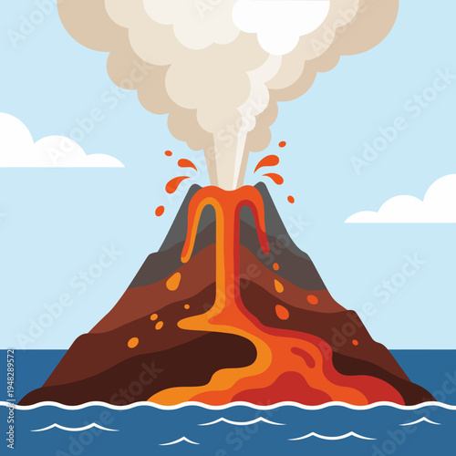 This vibrant depiction of a volcano erupting, with lava cascading into the ocean, highlights the raw power of nature and the stunning beauty of geological processes.