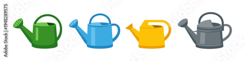 Collection of colorful watering cans for gardening and plant care