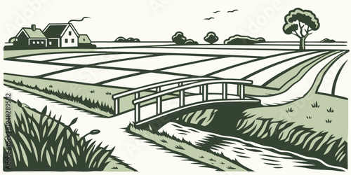 a small bridge over a stream in a rural landscape with fields and a house Vector