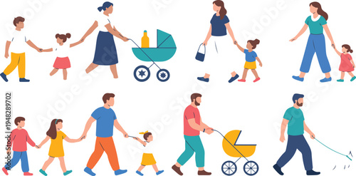 Happy walking family collection with mother father and children spending time together outdoors cheerful people bundle vector illustration clipart