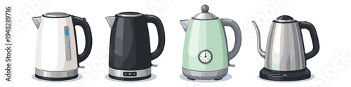 Collection of four modern electric kettles in various colors and styles