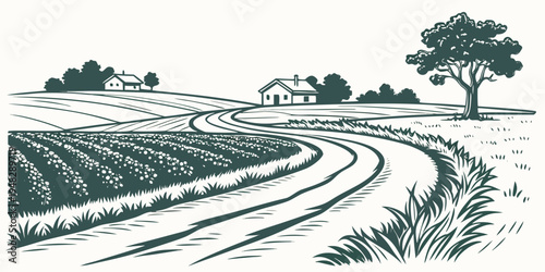 a green tractor rides down a winding dirt road in a rural landscape Vector