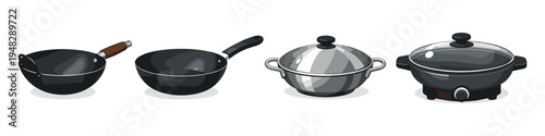 Collection of four diverse cooking pots and pans, including woks and electric skillet