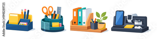 Collection of modern desk organizers for office supplies and gadgets