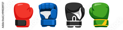 Collection of four colorful boxing gloves in a row on a white background