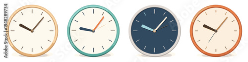 Four diverse analog wall clocks showing different times on white backgrounds