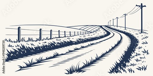a winding road with power lines and a fence Vector