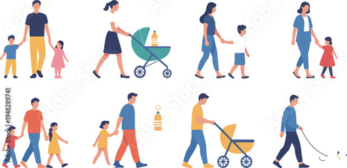 Happy walking family collection with mother father and children spending time together outdoors cheerful people bundle vector illustration clipart