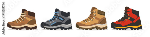 Collection of four different styles of hiking boots in various colors and designs