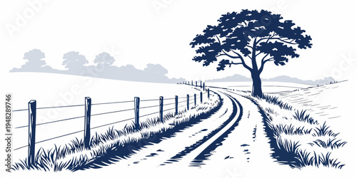 a blue and white image of a tree on a dirt road Vector