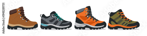 Collection of four distinct hiking boots in various colors and styles