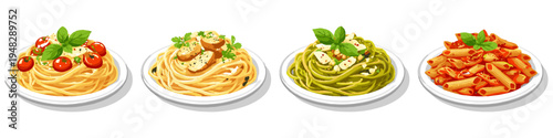 Four delicious plates of Italian pasta dishes with fresh garnishes and sauces