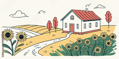 a white house with a red roof surrounded by sunflowers Vector