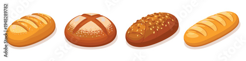 Assortment of four delicious baked bread loaves with different toppings and shapes