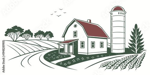 a white farm building with a red roof and a silo Vector