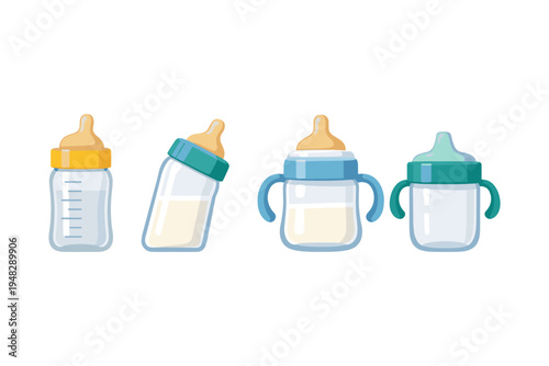 Collection of four baby feeding bottles with different designs and colors