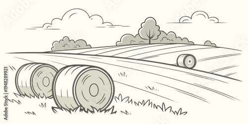 a black and white drawing of hay bales in a field Vector