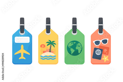 Collection of four colorful travel luggage tags with vacation icons and symbols