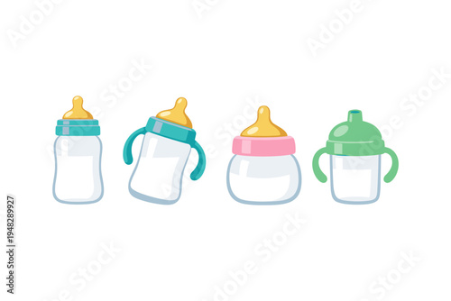 Collection of four baby bottles with different designs and colors for feeding infants