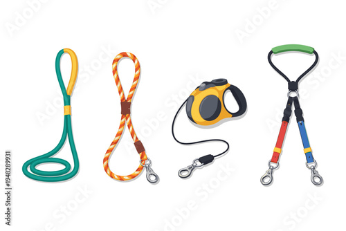 Collection of colorful dog leashes and retractable leash for pets
