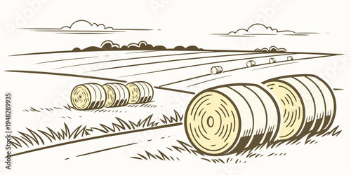 a sketch of hay bales in a field with a cloudy sky Vector