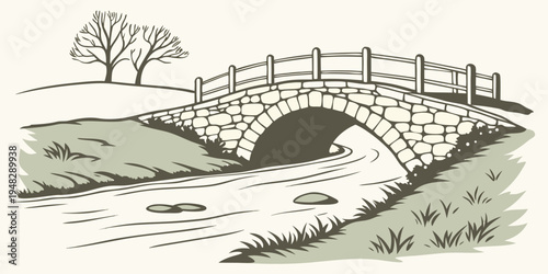 a small stone bridge over a river with a tree in the background Vector