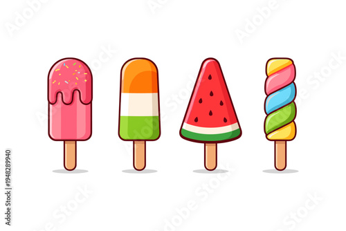 Collection of four colorful popsicles with different shapes and flavors