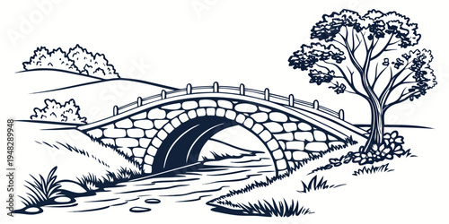 a stone bridge over a stream with a tree beside it Vector