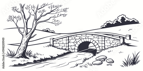a stone bridge with an archway under a tree Vector