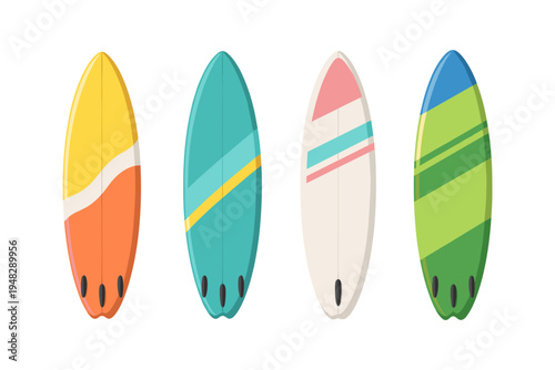 Collection of four colorful surfboards with unique designs and fin details